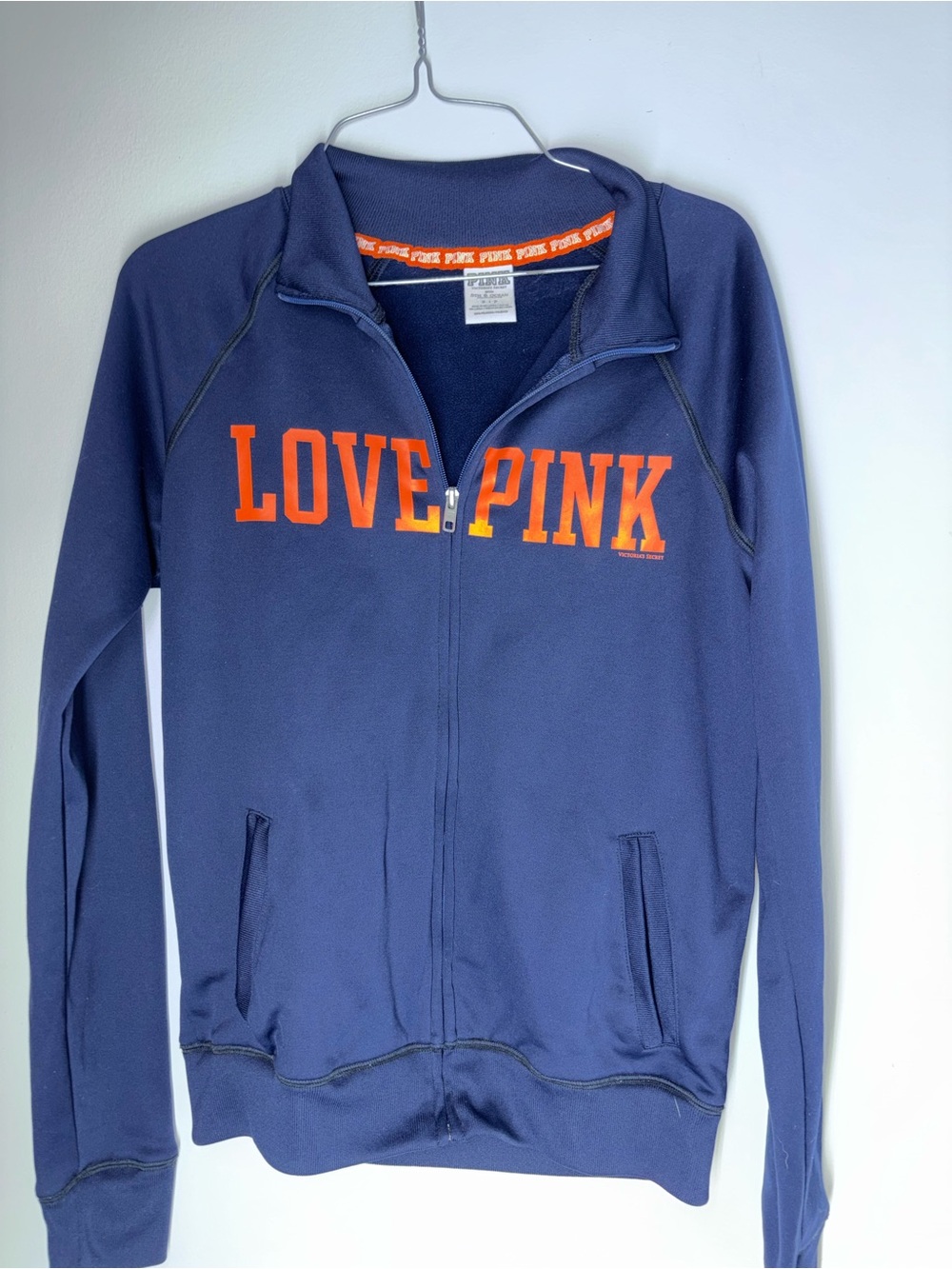 PINK Victoria's Secret Navy Zip-Up Jacket with Orange 'LOVE PINK' Logo